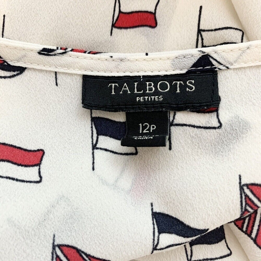 Talbots White and Black Flag Patterned Blouse with Red Trim - Picture 8 of 11